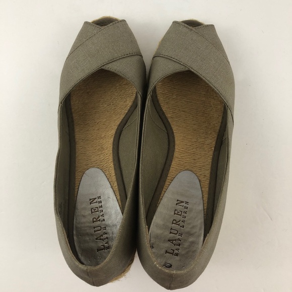 Lauren Ralph Lauren Shoes Womens 9 Cecilia Taupe Linen Wedge Peep Toe Metallic - Picture 7 of 13